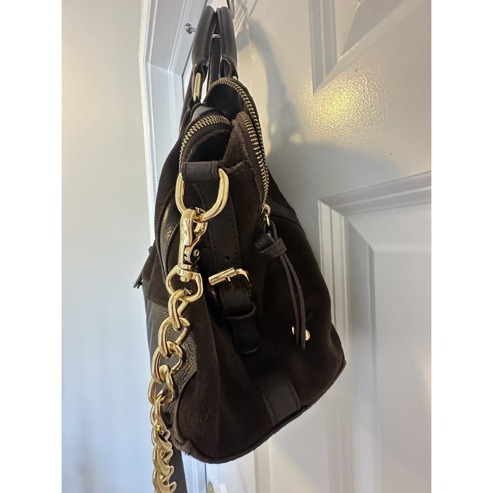 AUDREY BROOKE Brown Suede & Leather Crossbody Satchel Handbag W/ Chain Strap - Picture 13 of 16